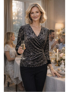 Joseph Ribkoff Blouse Women's M Velvet Sequin Wrap Evening Stretch Glam Black